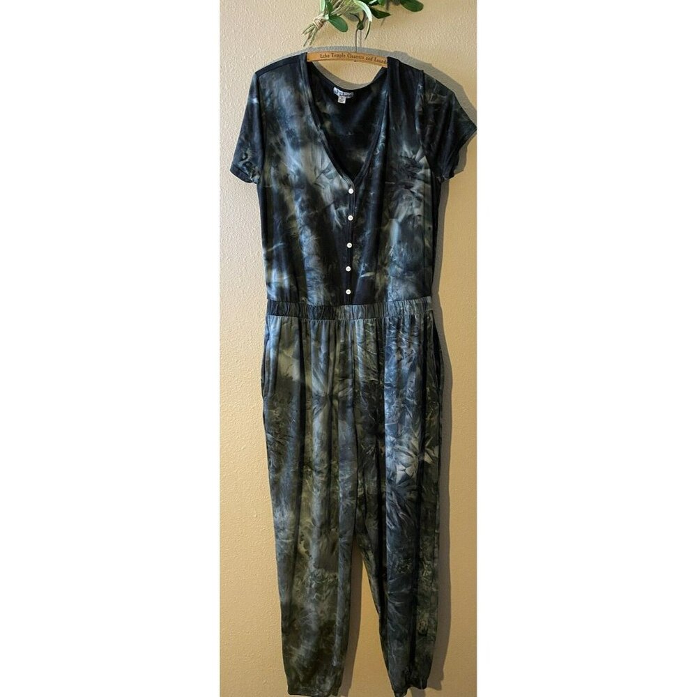 COPY - J for Justify Tie Dye Romper Jumpsuit Jogger 1X Black Henley Neckline Sh…